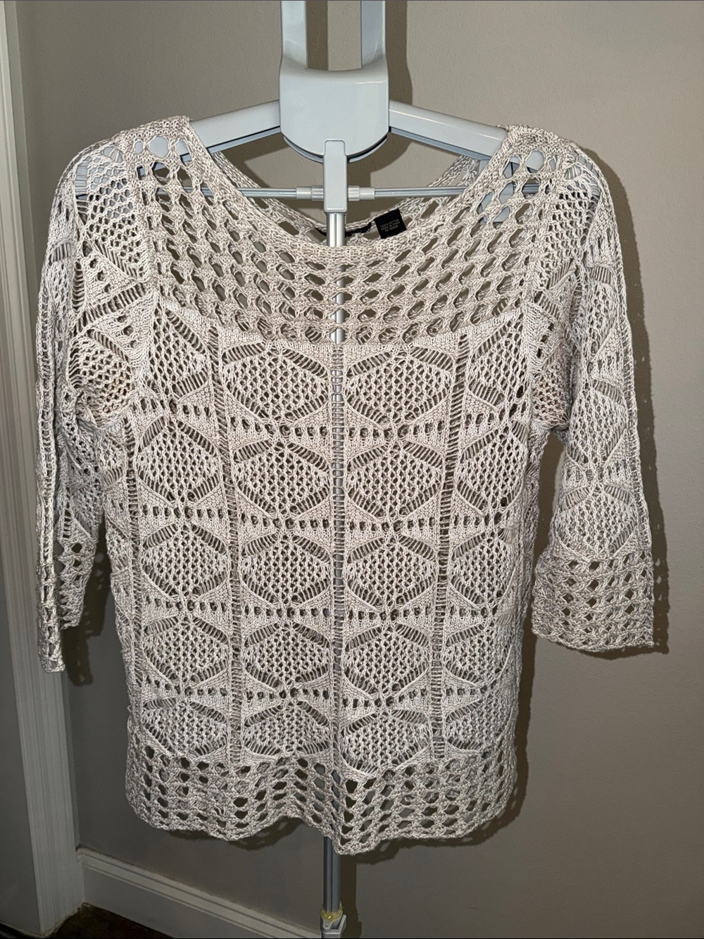 JEANNE PIERRE Taupe & White Openwork Crochet Tunic